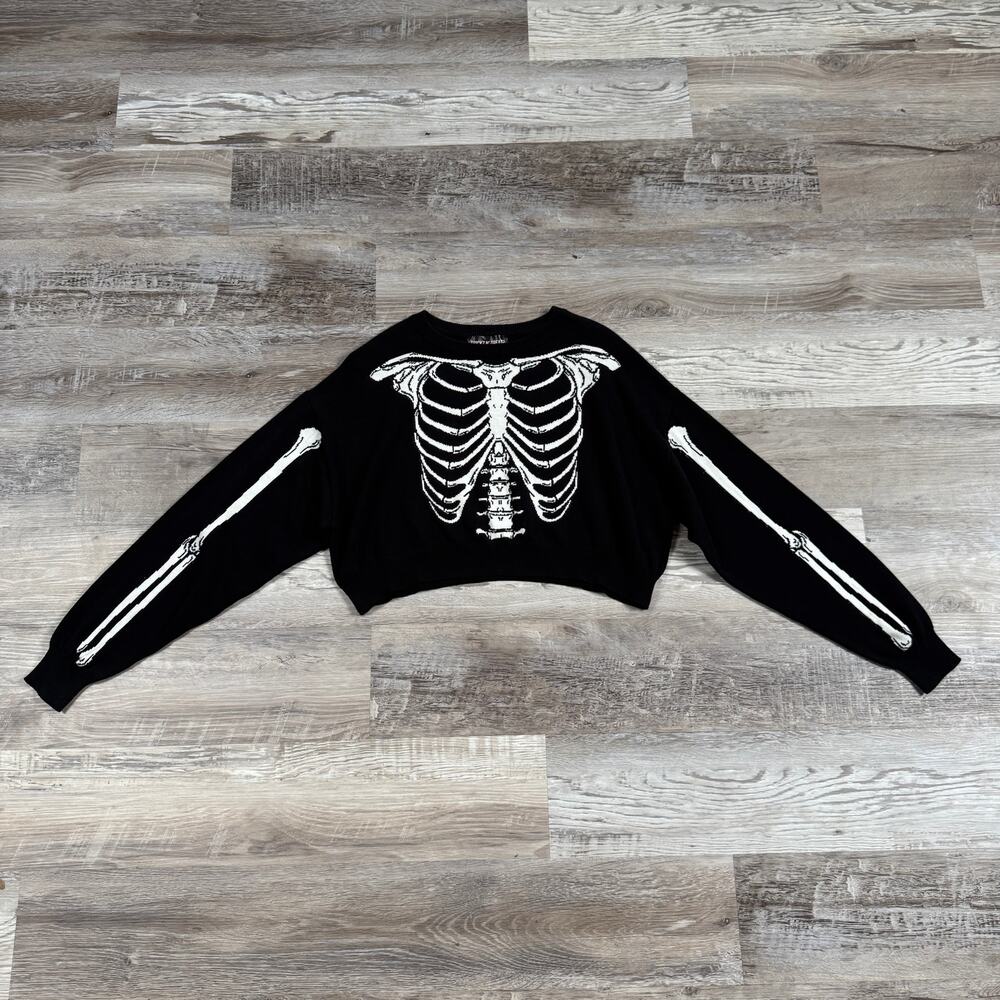 Dolls Kill Trickz N' Treatz Skeleton Knit Crop Sweater Goth Halloween Black S